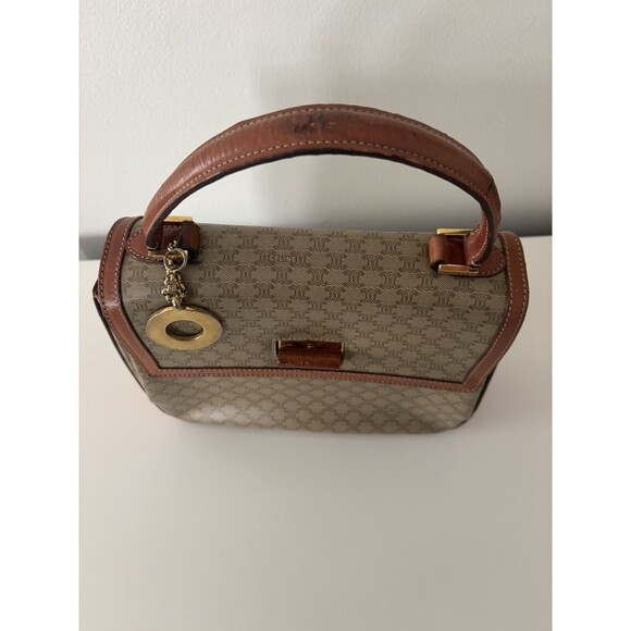 Celine Logo Macadam Pattern Hand Bag Leather Tan/Brown Crossbody Authentic Vtg - Picture 5 of 16